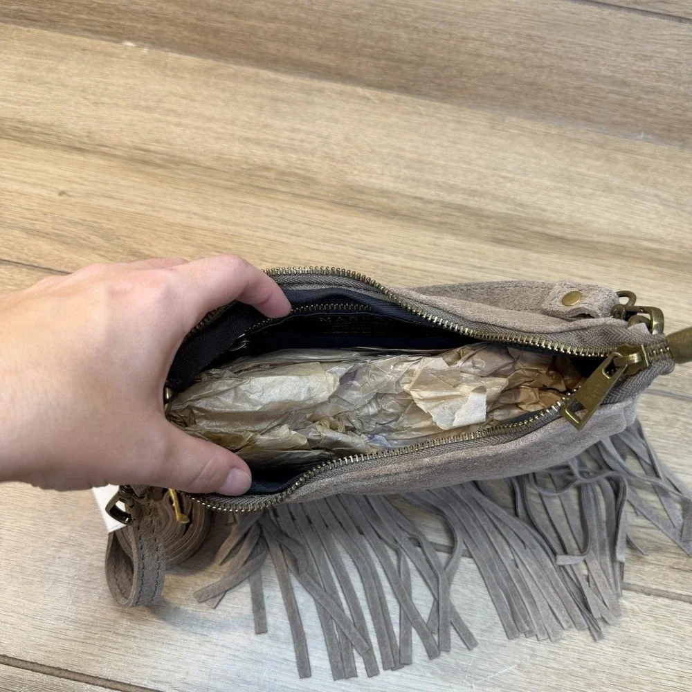 Marlon Firenze Italy Taupe Suede Crescent Shoulder Crossbody Bag Fringe Boho